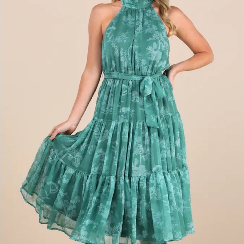 Lulu's Teal Halter Tiered Midi Dress with Waist Tie